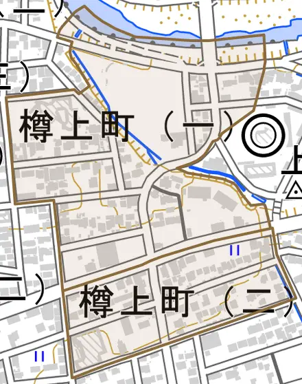 樽上町とその周辺の地図。町の範囲を重ねている