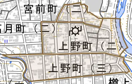 上野町とその周辺の地図。町の範囲を重ねている