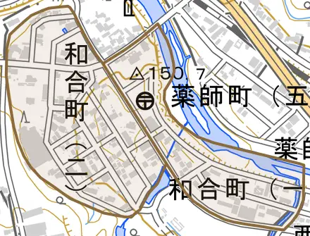 和合町とその周辺の地図。町の範囲を重ねている
