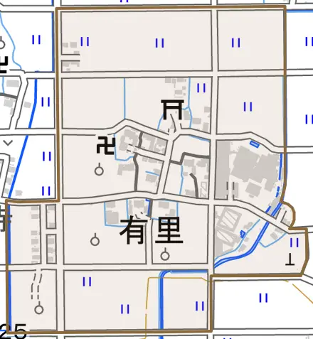 有里とその周辺の地図。町の範囲を重ねている