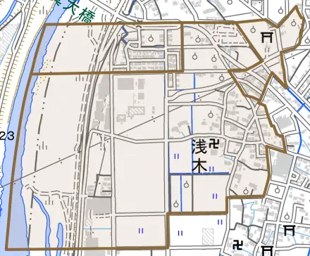 浅木とその周辺の地図。町の範囲を重ねている