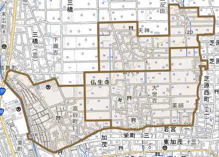 仏生寺とその周辺の地図。町の範囲を重ねている