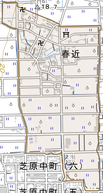 春近とその周辺の地図。町の範囲を重ねている