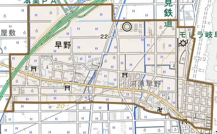 早野とその周辺の地図。町の範囲を重ねている