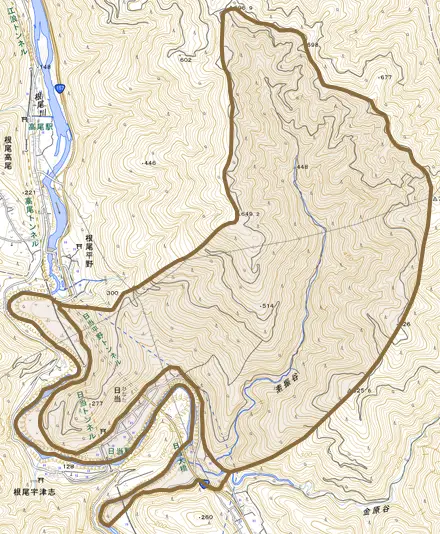 日当とその周辺の地図。町の範囲を重ねている