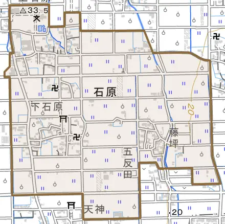 石原とその周辺の地図。町の範囲を重ねている