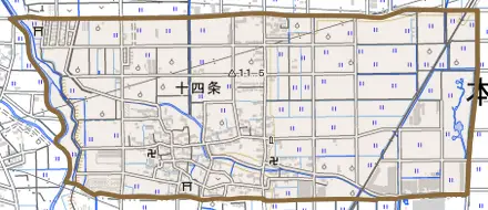 十四条とその周辺の地図。町の範囲を重ねている