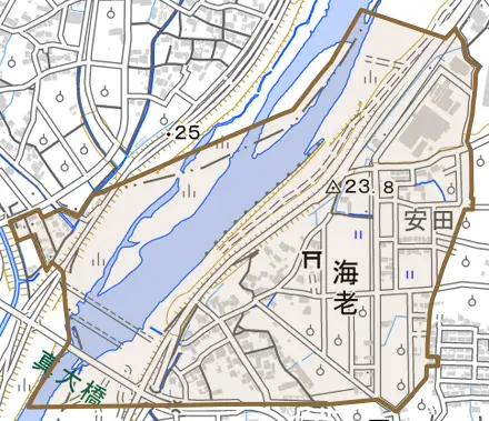 海老とその周辺の地図。町の範囲を重ねている