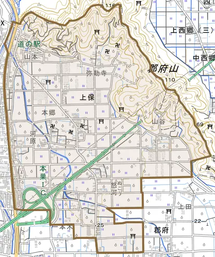 上保とその周辺の地図。町の範囲を重ねている