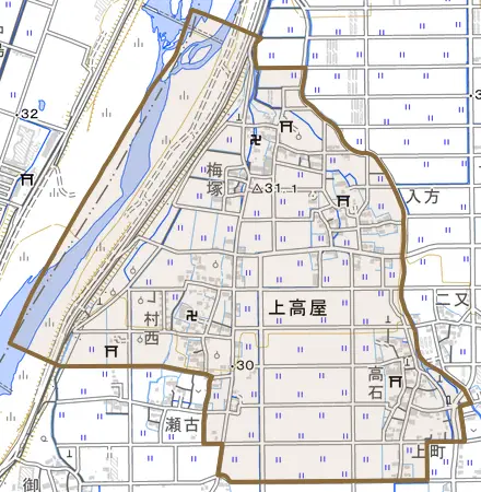 上高屋とその周辺の地図。町の範囲を重ねている