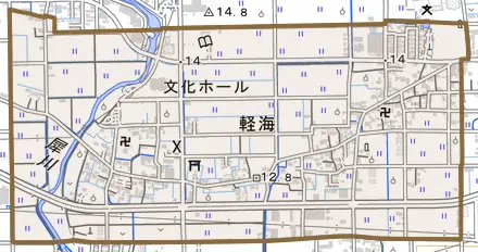 軽海とその周辺の地図。町の範囲を重ねている
