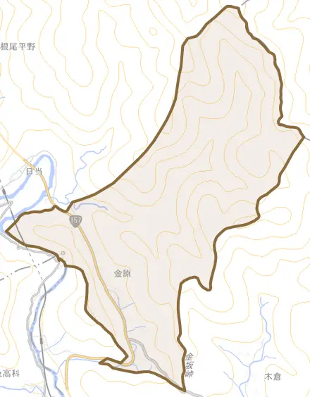 金原とその周辺の地図。町の範囲を重ねている