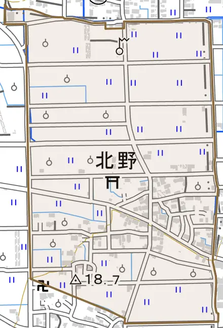 北野とその周辺の地図。町の範囲を重ねている