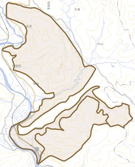 木知原とその周辺の地図。町の範囲を重ねている