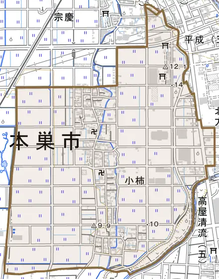 小柿とその周辺の地図。町の範囲を重ねている