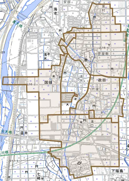 政田とその周辺の地図。町の範囲を重ねている
