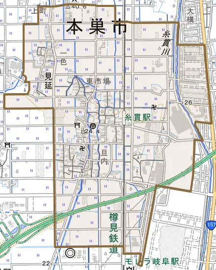 見延とその周辺の地図。町の範囲を重ねている