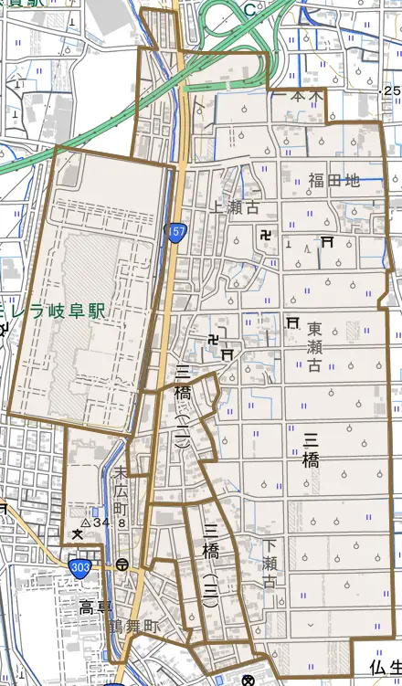 三橋とその周辺の地図。町の範囲を重ねている