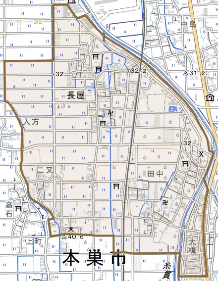 長屋とその周辺の地図。町の範囲を重ねている