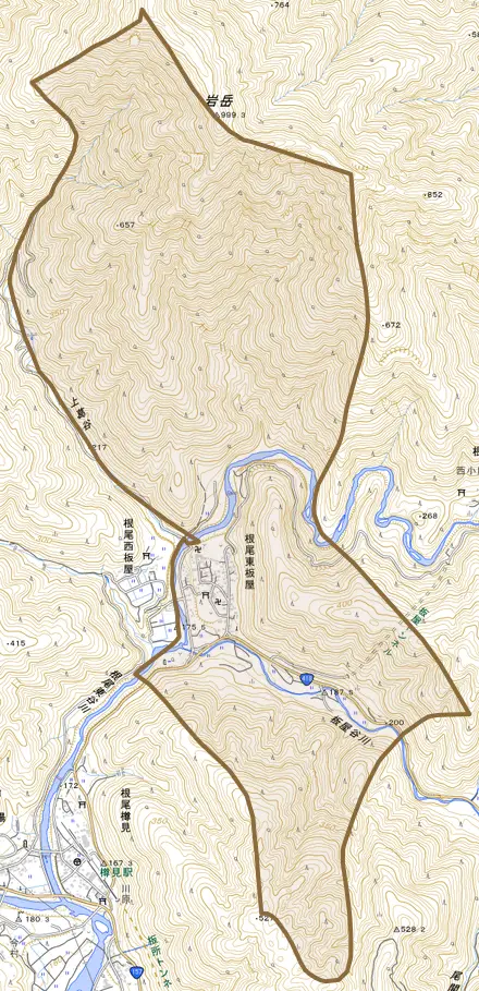 根尾東板屋とその周辺の地図。町の範囲を重ねている
