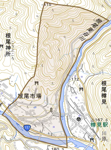 根尾市場とその周辺の地図。町の範囲を重ねている