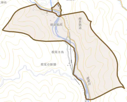根尾板所とその周辺の地図。町の範囲を重ねている