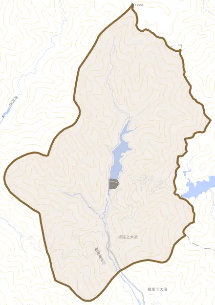 根尾上大須とその周辺の地図。町の範囲を重ねている