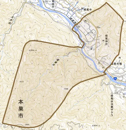 根尾神所とその周辺の地図。町の範囲を重ねている