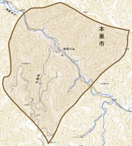 根尾口谷とその周辺の地図。町の範囲を重ねている