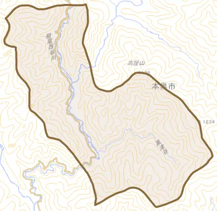根尾黒津とその周辺の地図。町の範囲を重ねている