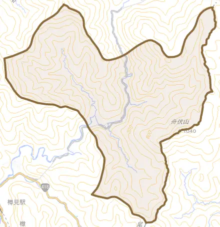 根尾松田とその周辺の地図。町の範囲を重ねている