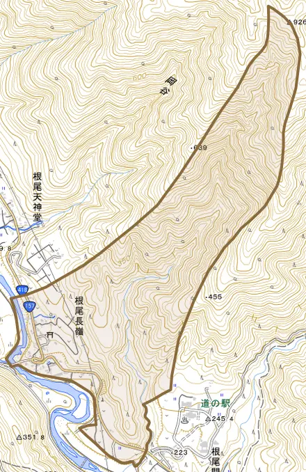 根尾長嶺とその周辺の地図。町の範囲を重ねている