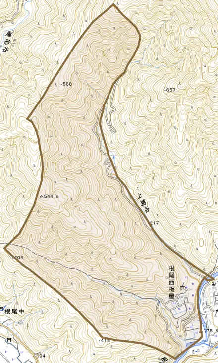 根尾西板屋とその周辺の地図。町の範囲を重ねている