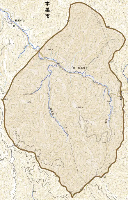 根尾奥谷とその周辺の地図。町の範囲を重ねている