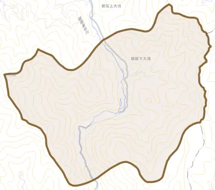 根尾下大須とその周辺の地図。町の範囲を重ねている