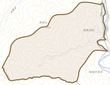 根尾高尾とその周辺の地図。町の範囲を重ねている
