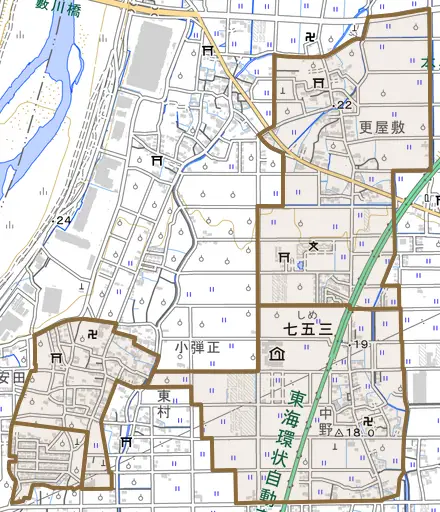七五三とその周辺の地図。町の範囲を重ねている