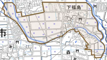 下福島とその周辺の地図。町の範囲を重ねている