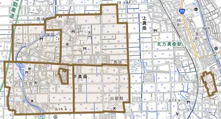 下真桑とその周辺の地図。町の範囲を重ねている