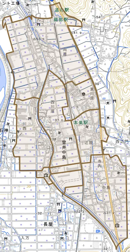 曽井中島とその周辺の地図。町の範囲を重ねている