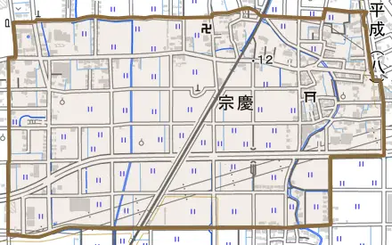宗慶とその周辺の地図。町の範囲を重ねている
