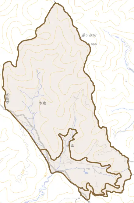 外山とその周辺の地図。町の範囲を重ねている