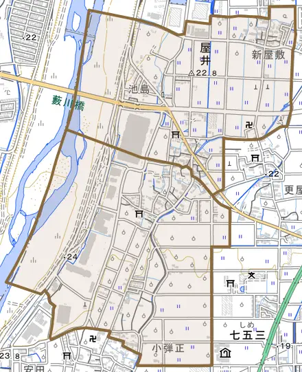屋井とその周辺の地図。町の範囲を重ねている