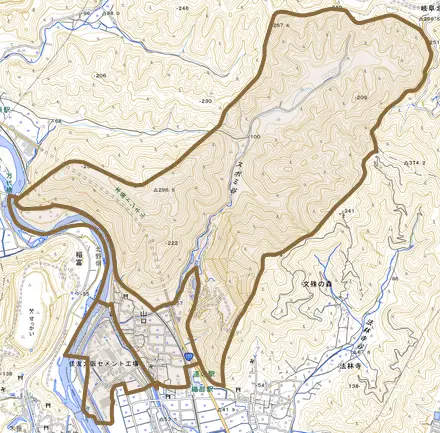 山口とその周辺の地図。町の範囲を重ねている