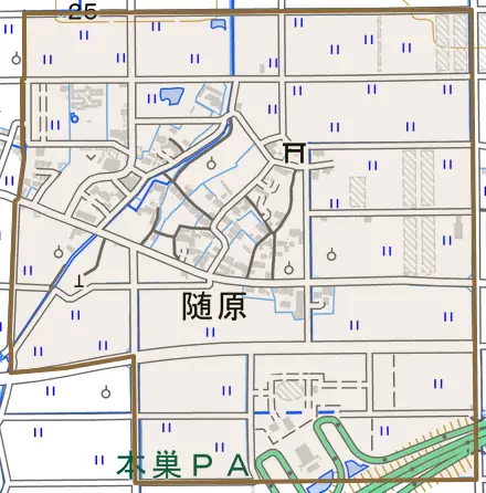 随原とその周辺の地図。町の範囲を重ねている