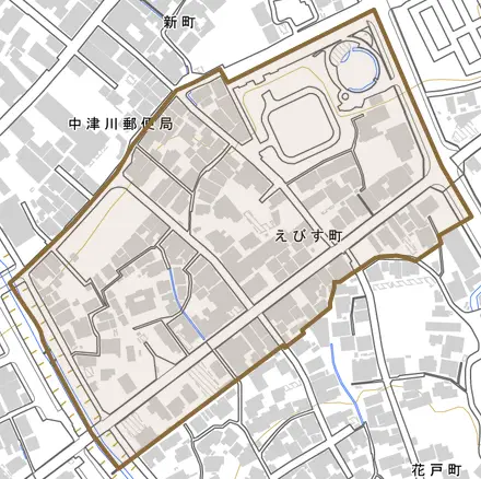 えびす町とその周辺の地図。町の範囲を重ねている