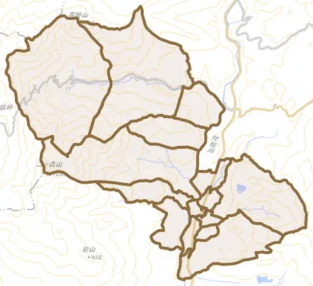 福岡とその周辺の地図。町の範囲を重ねている