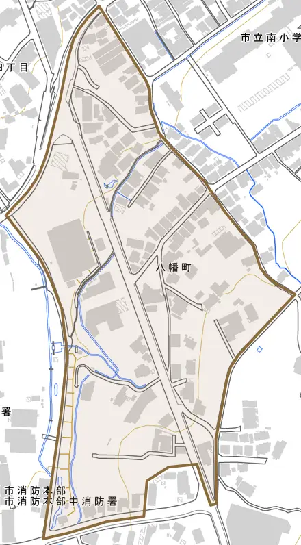 八幡町とその周辺の地図。町の範囲を重ねている
