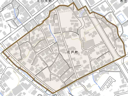花戸町とその周辺の地図。町の範囲を重ねている
