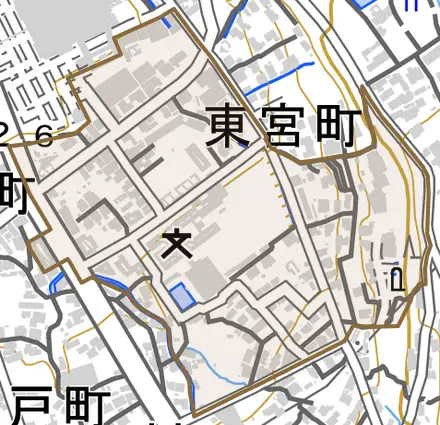 東宮町とその周辺の地図。町の範囲を重ねている